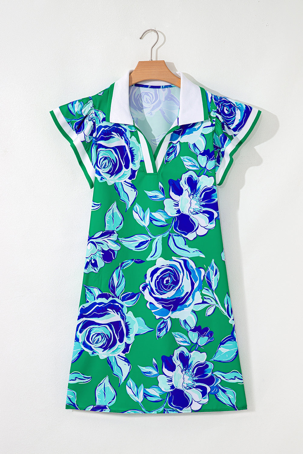 Bright Green Contrast Floral Print Collared V Neckline Ruffled Cap Sleeve Shift Dress with Pockets