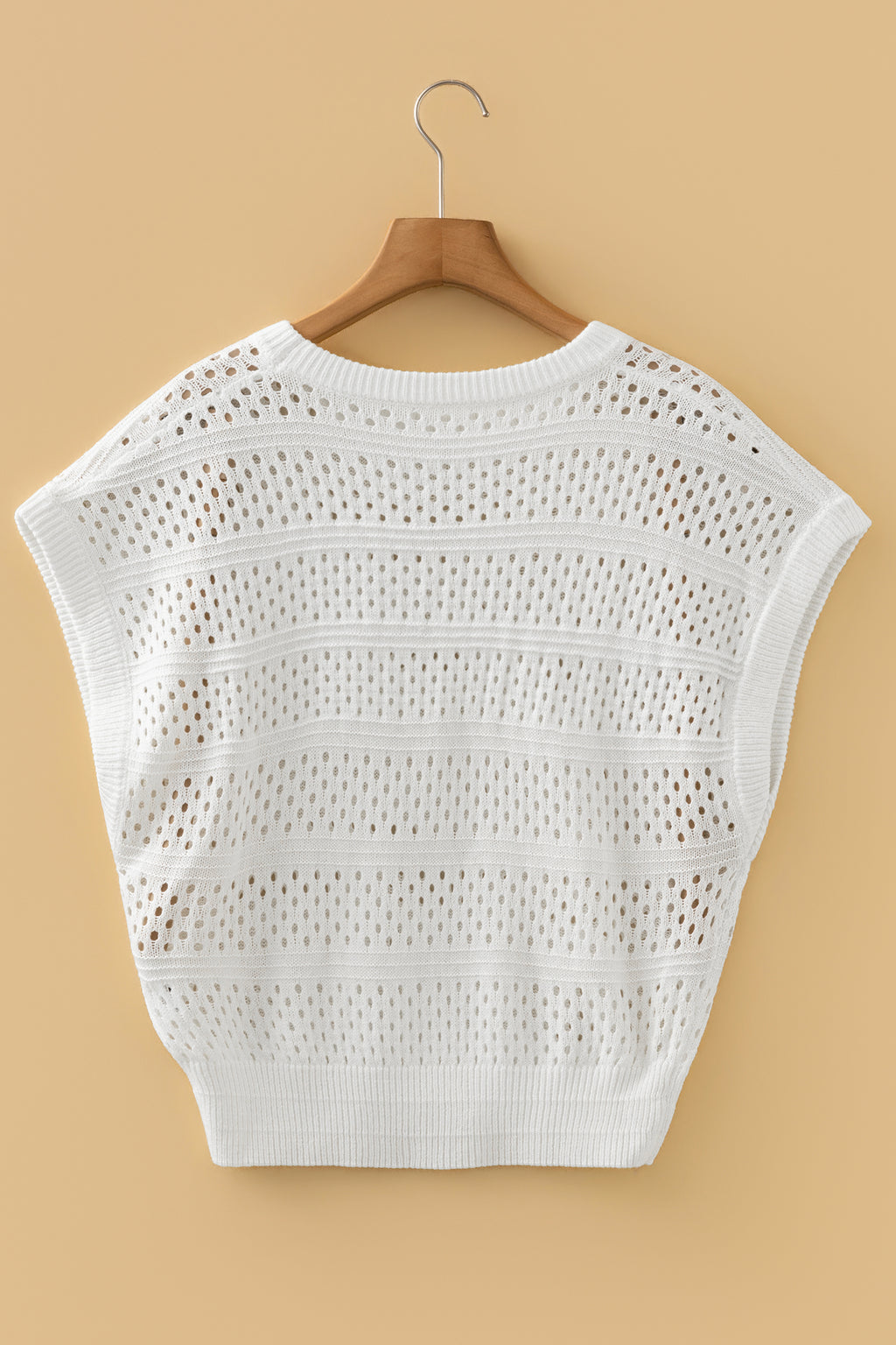 White Hollow Out Knit Round Neck Dolman Sweater