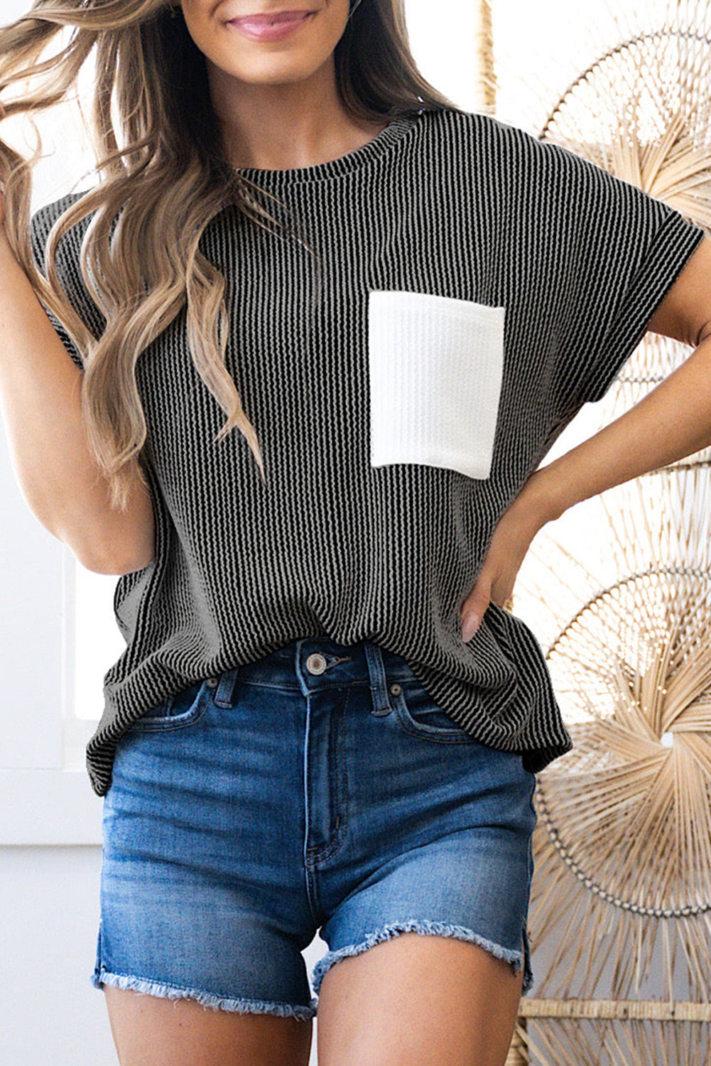 Carbon Grey Corded Knit Color Block Pocketed Crew Neck T Shirt