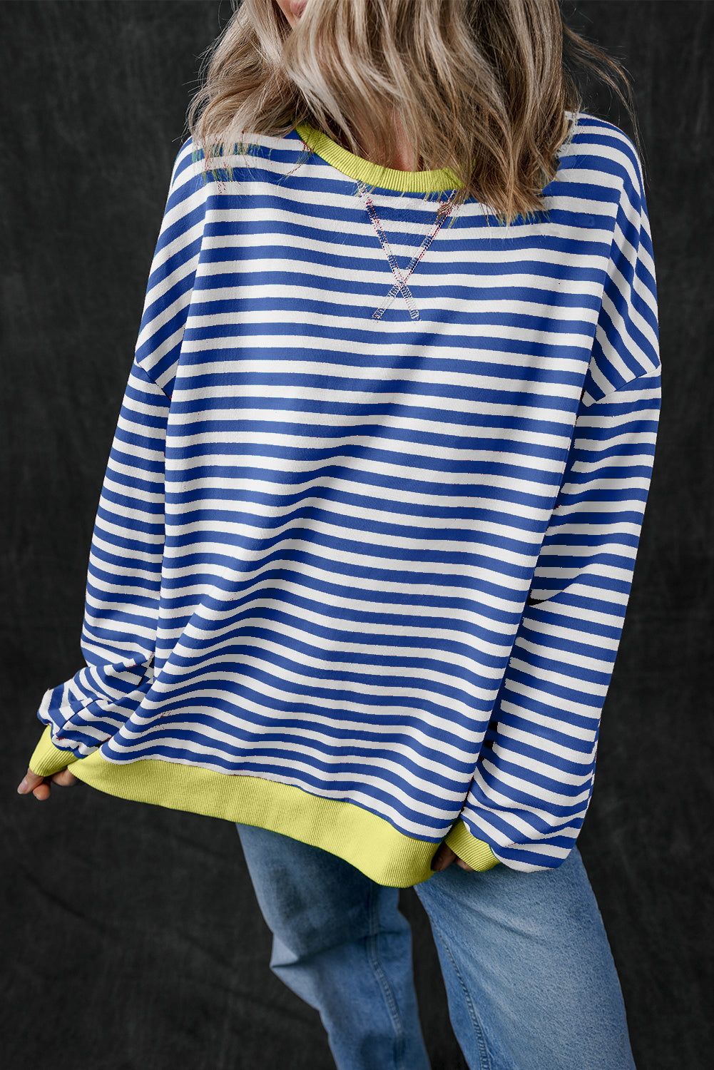 Green Stripe Oversized Contrast Trim Pullover Sweatshirt