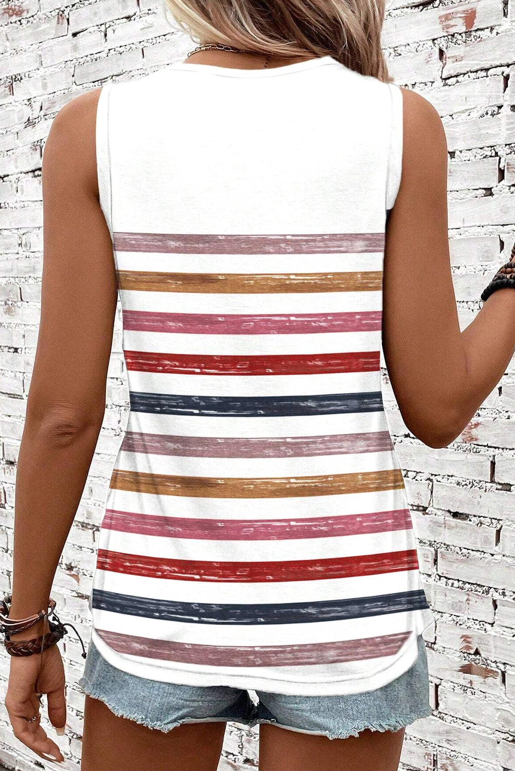 Red Stripe Rainbow Round Neck Tank Top