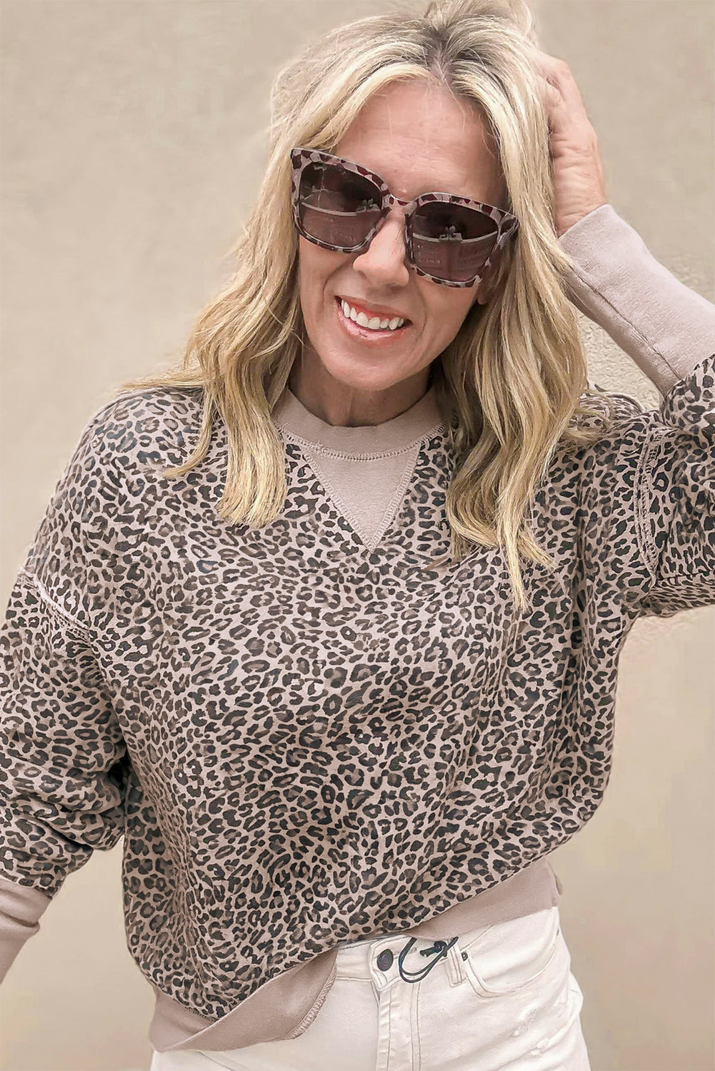 Pink Leopard Print Patchwork Crew Neck Sweatshirt