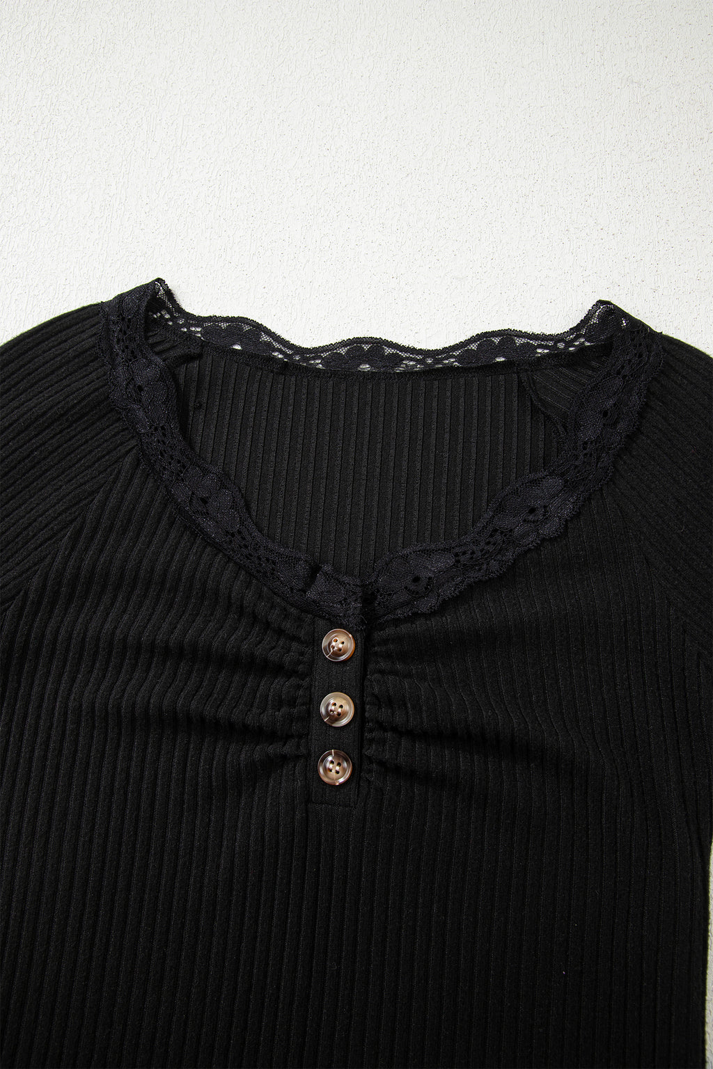 Beige Lace Neckline Button Decor Lettuce Edge Long Sleeve Ribbed Top