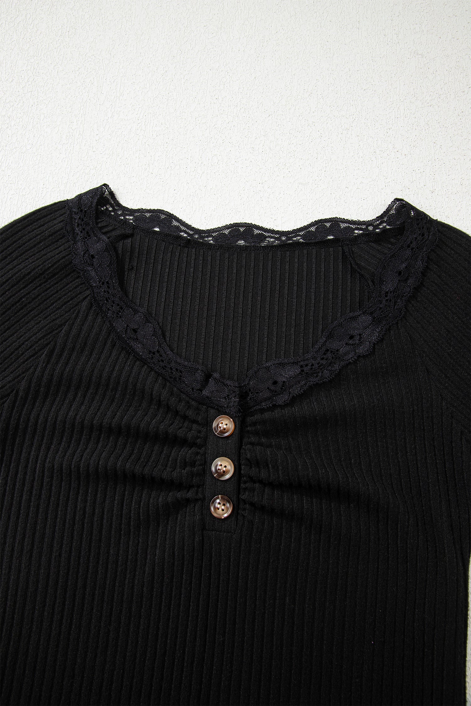 Beige Lace Neckline Button Decor Lettuce Edge Long Sleeve Ribbed Top