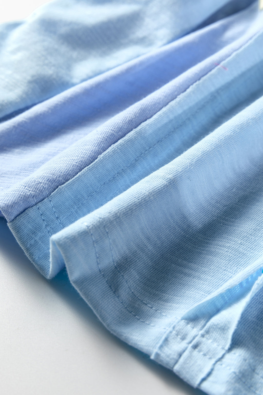 Light Blue Flower Patched Exposed Seam Bracelet Sleeve Oversized T Shirt