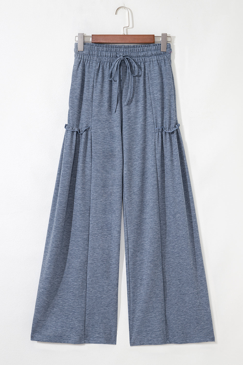 High Frilled Detail Wide Leg High Waist Knit Pants