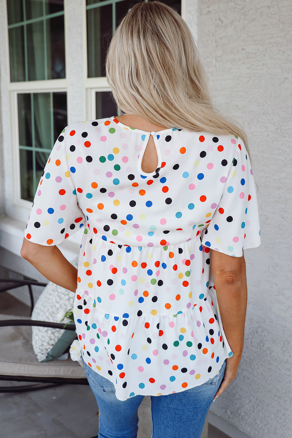 White Colorful Polka Dot Short Sleeve Tiered Ruffled Babydoll Blouse