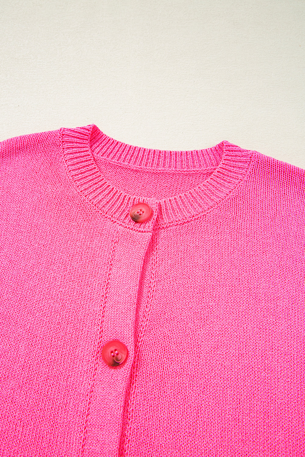 Bright Pink Distressed Hem Short Sleeve Knitted Button Front Sweater