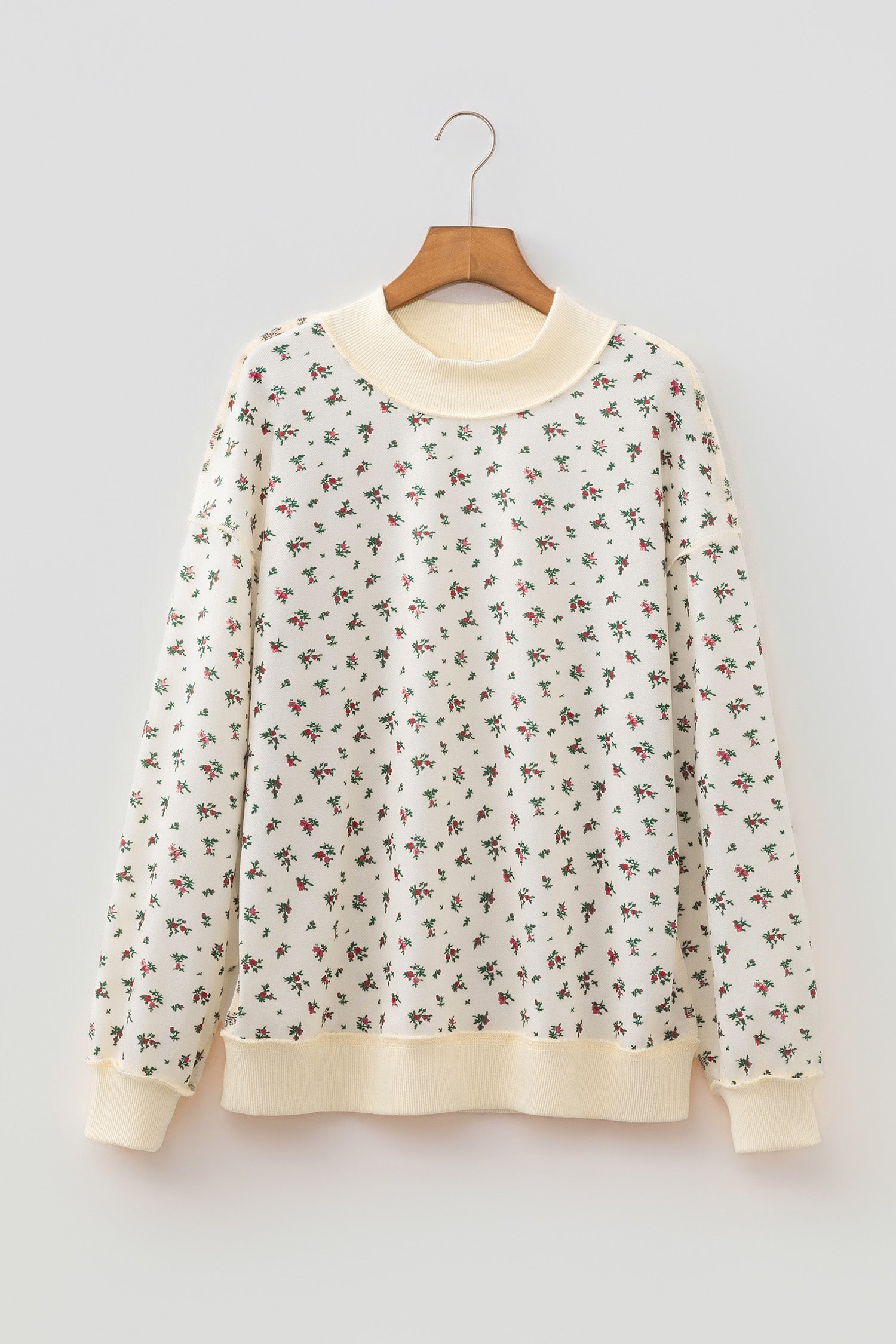 Beige Ribbed High Neck Patchwork Floral Print Baggy Pullover Sweatshirt