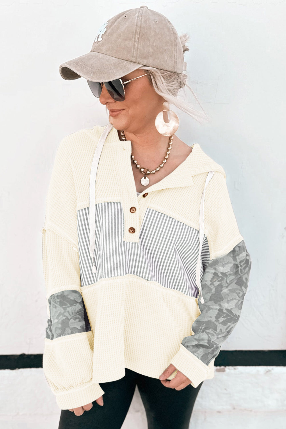 Cinnamon Waffle Printed Patchwork Drawstring Hooded Long Sleeve Top