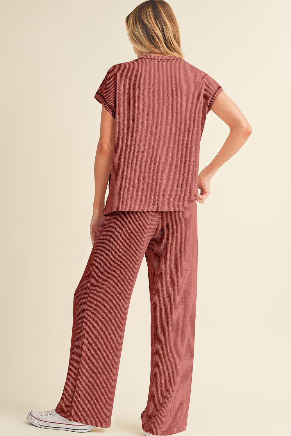 Coffee Solid Color Corded Short Sleeve Top and Casual Pants Set