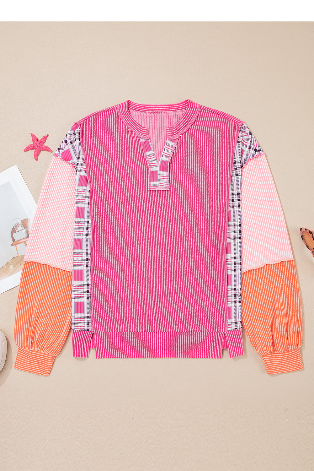 Rose Red Corded Texture Plaid Colorblock Patchwork Split Neck Long Sleeve Top