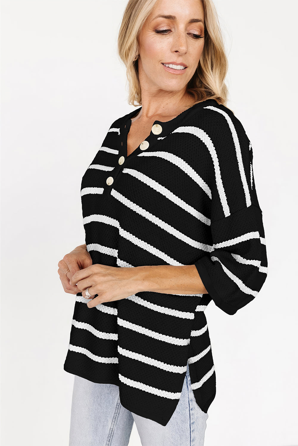 Green Stripe Henley Buttoned Placket Drop Shoulder Bracelet Sleeve Knit Sweater Tee