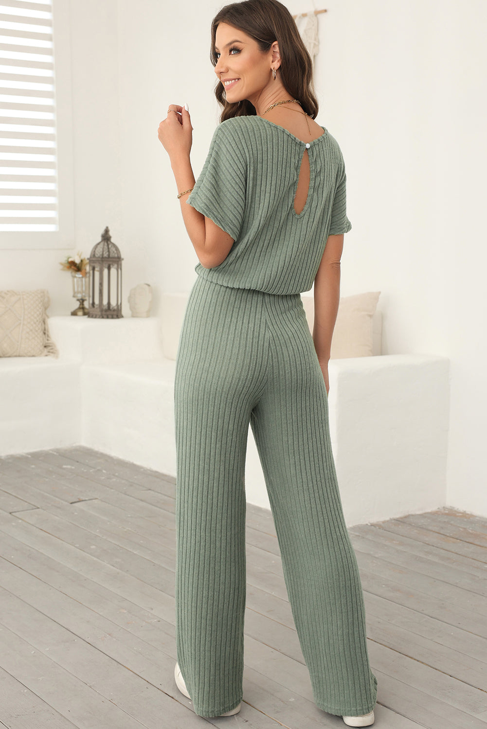 Dark Grey Ribbed Keyhole Short Sleeve Wide Leg Jumpsuit