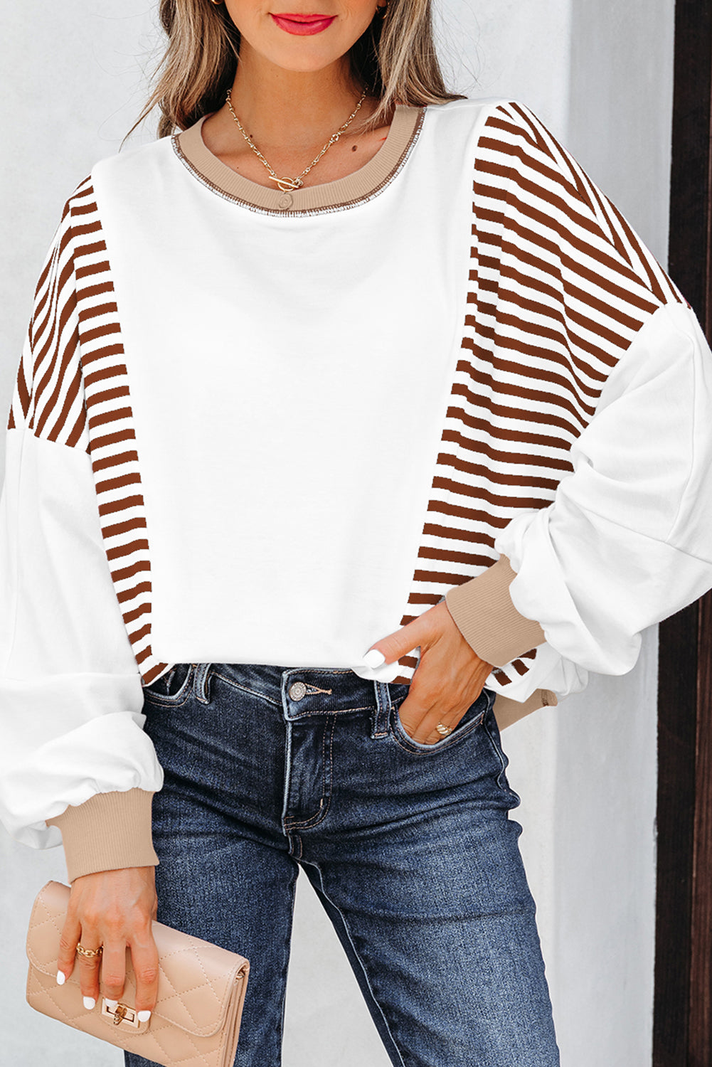 Green Stripe Colorblock Patchwork Contrast Stitching Oversize Sweatshirt