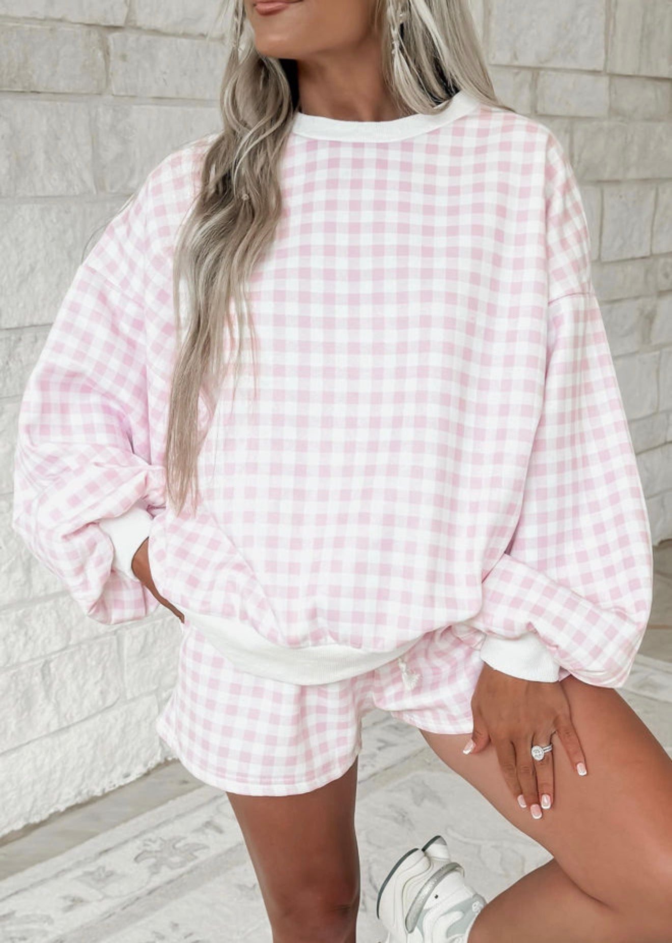 Pink and Sky Blue plaid baggy pullover two piece set