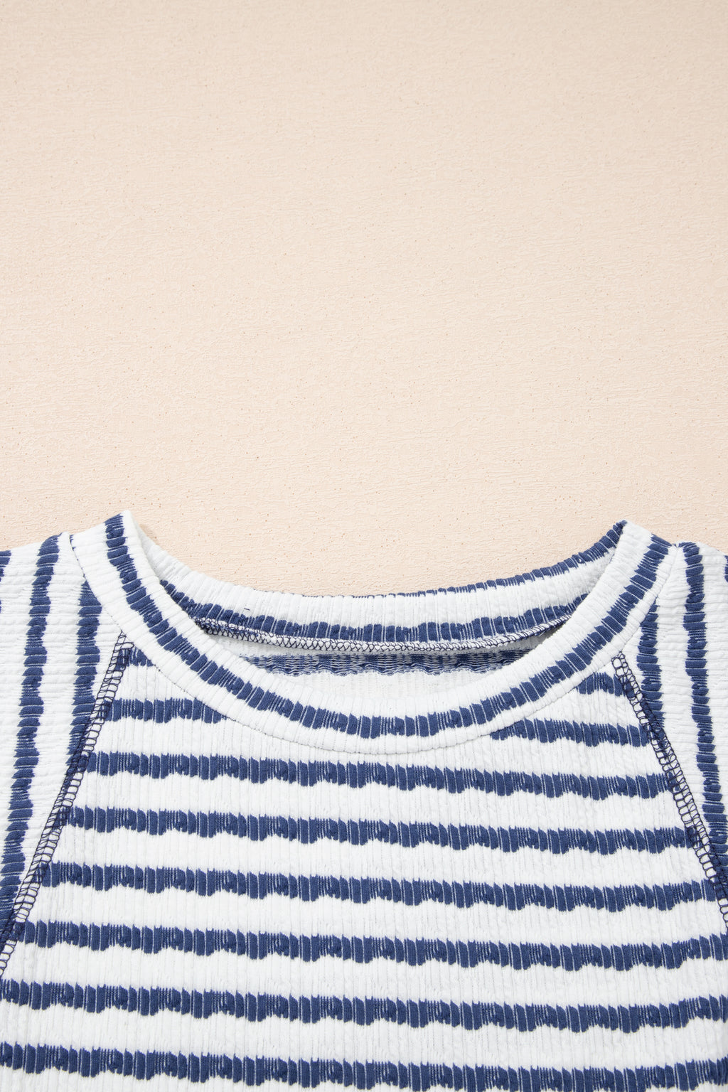 Sky Blue Stripe Textured Knit Split Hem Half Sleeve Loose Top