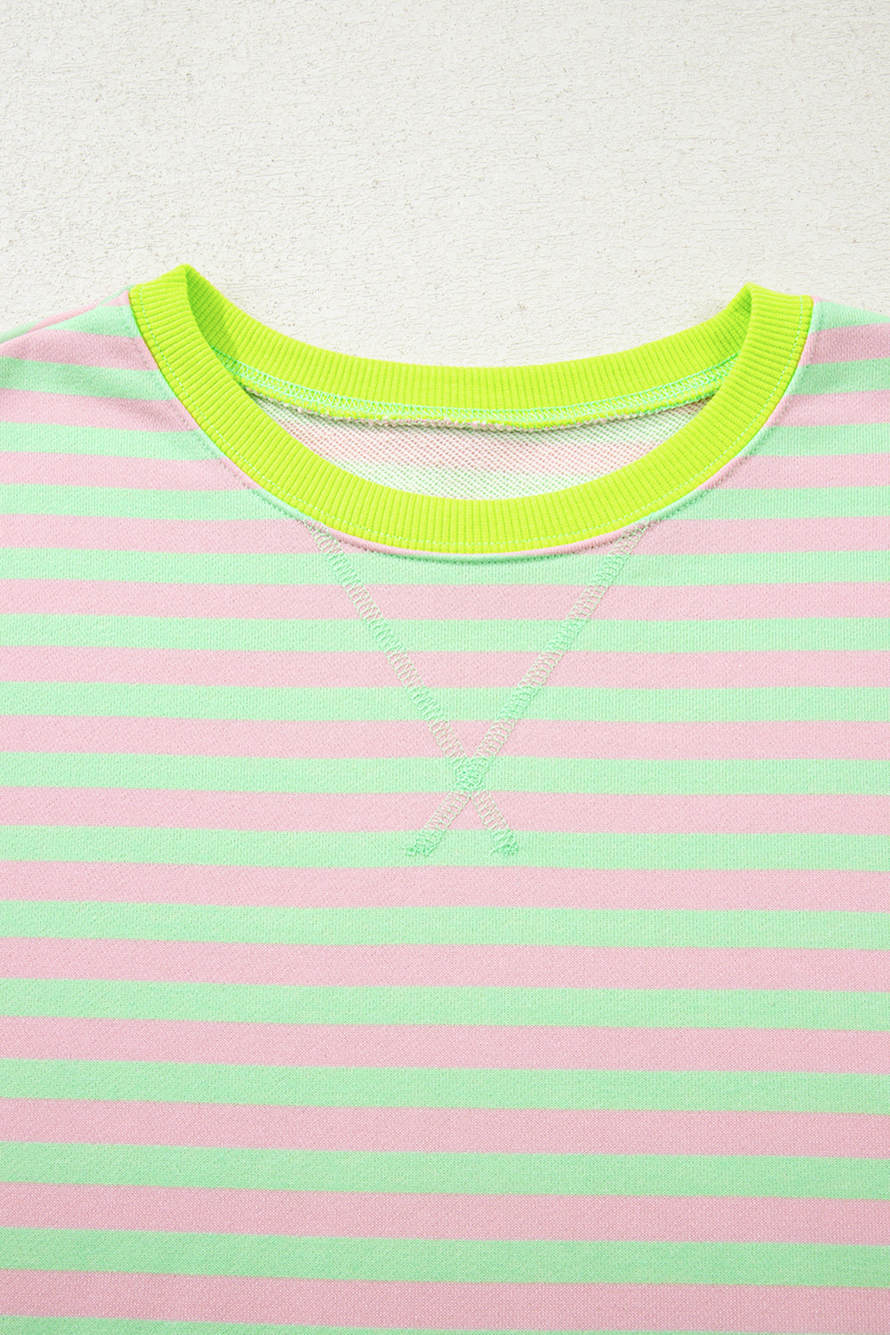 Blue Stripe Contrast Ribbed Trim Crossed Stitch Drop Shoulder Sweatshirt