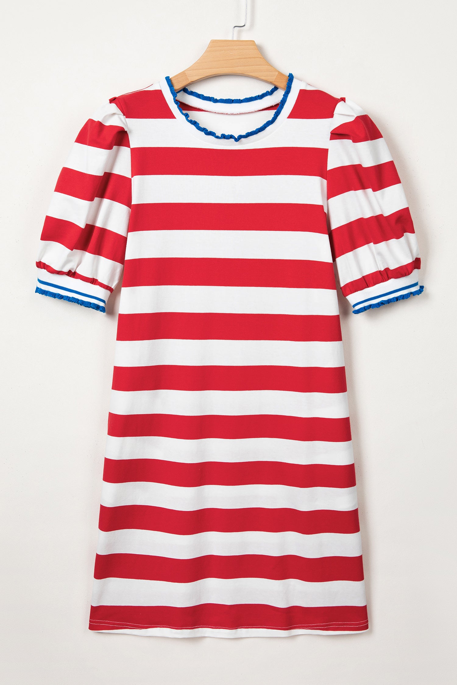 Blue Stripe Contrast Trim Round Neck Short Puff Sleeve Shift Mini Dress