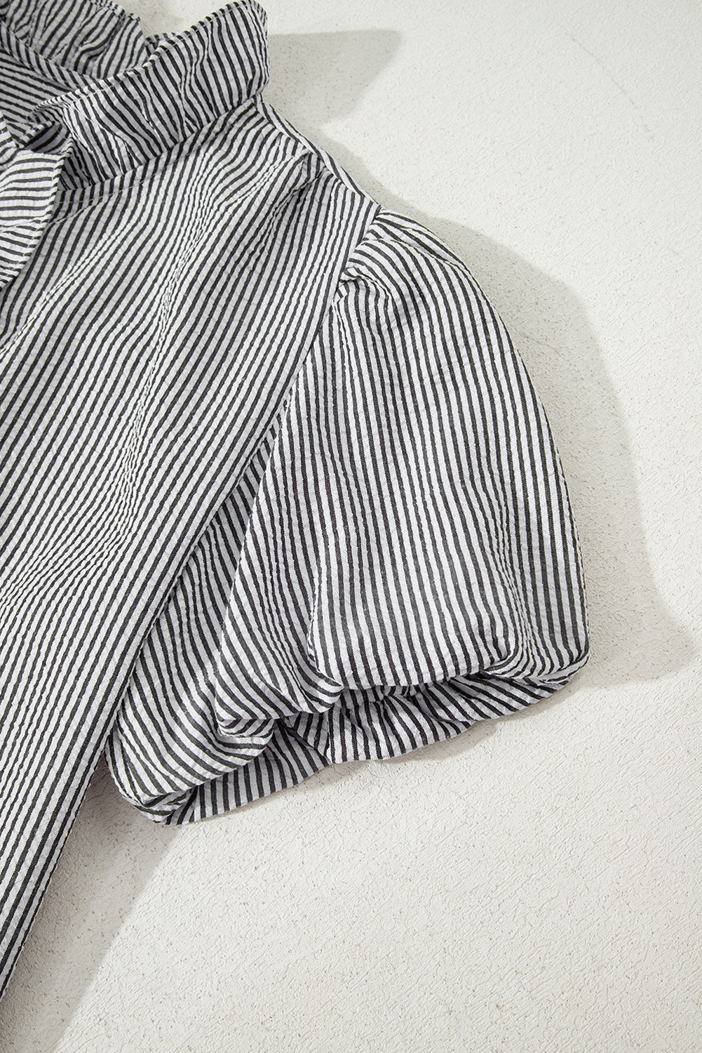 White Striped Ruffle Short Bubble Sleeve Shirt
