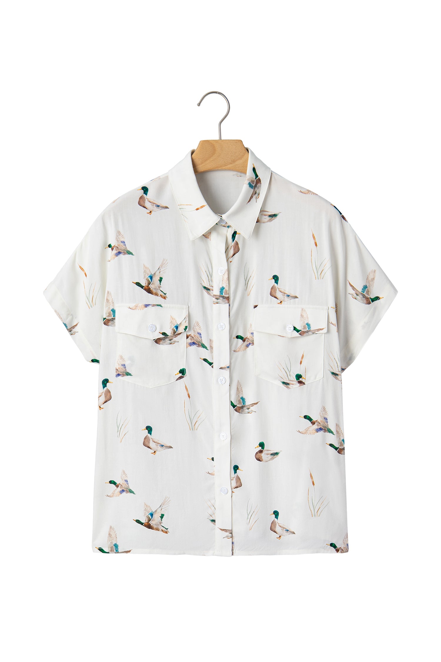 White Mallard Printed Button Flap Pocket Short Sleeve Shirt