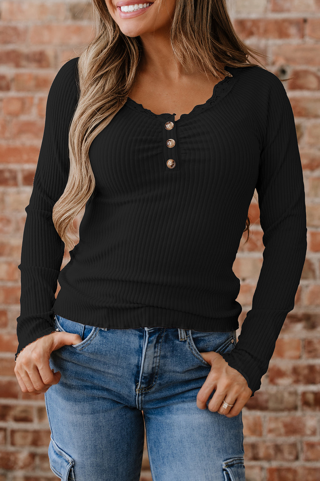Beige Lace Neckline Button Decor Lettuce Edge Long Sleeve Ribbed Top