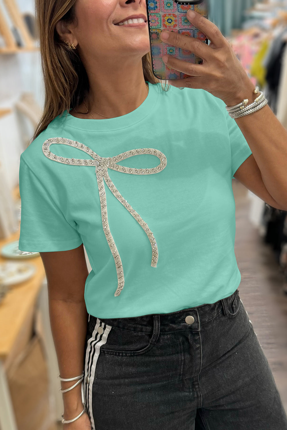 Mint Green Rhinestone Bow Embellished Round Neck Tee