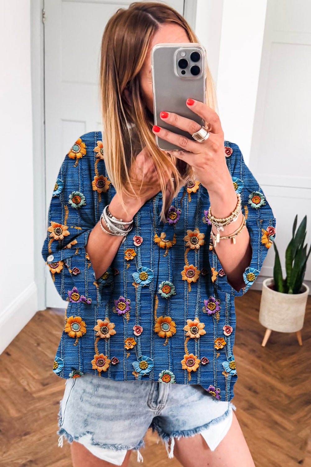 Sky Blue Floral Collared V Neck Roll up Sleeve Shift Blouse