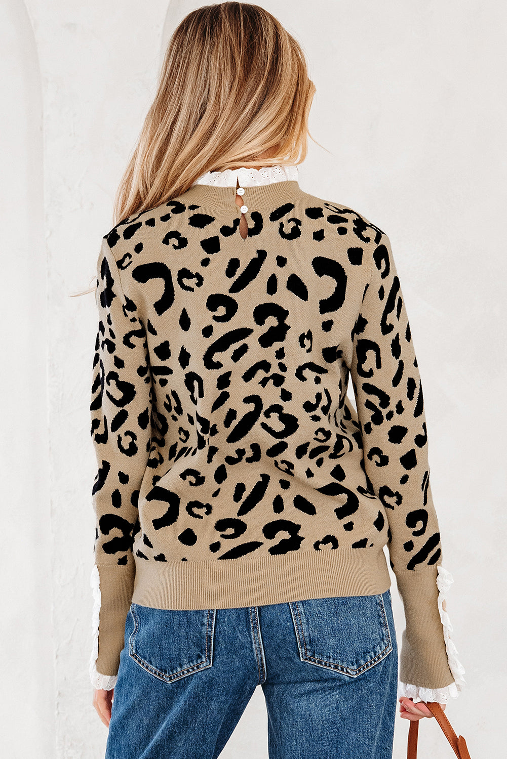 Brown Leopard Pattern Lace Ribbed Detail Button Cuffed Sweater