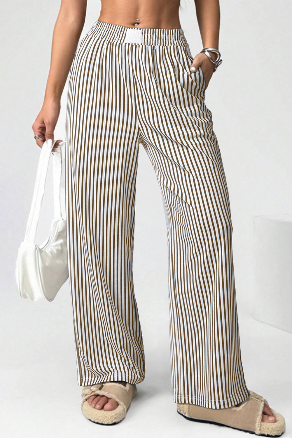 Brown Stripe Elastic High Waist Pocketed Loose Pants