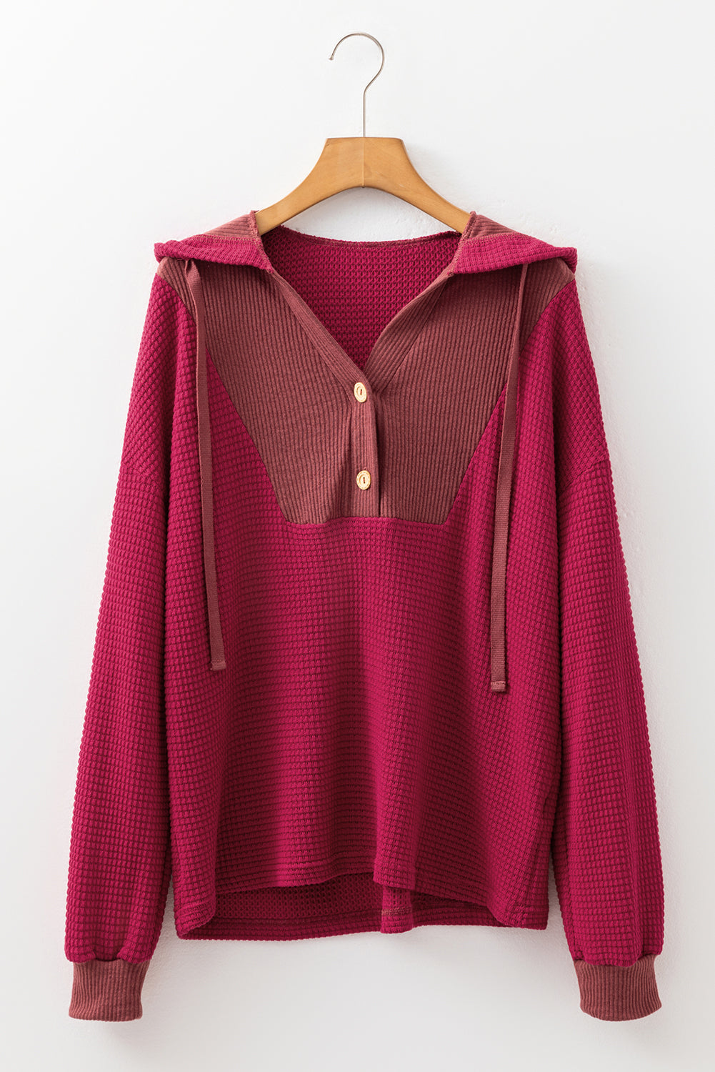 Racing Red Waffle Patchwork Drop Shoulder Hooded Long Sleeve Top