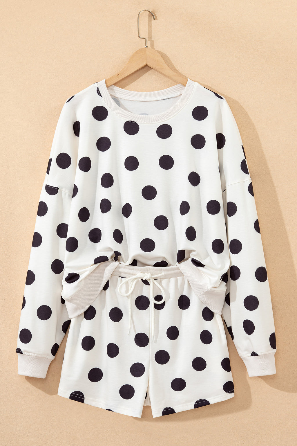 Sky Blue Polka Dot Print Drop Shoulder Pullover Drawstring Shorts Set