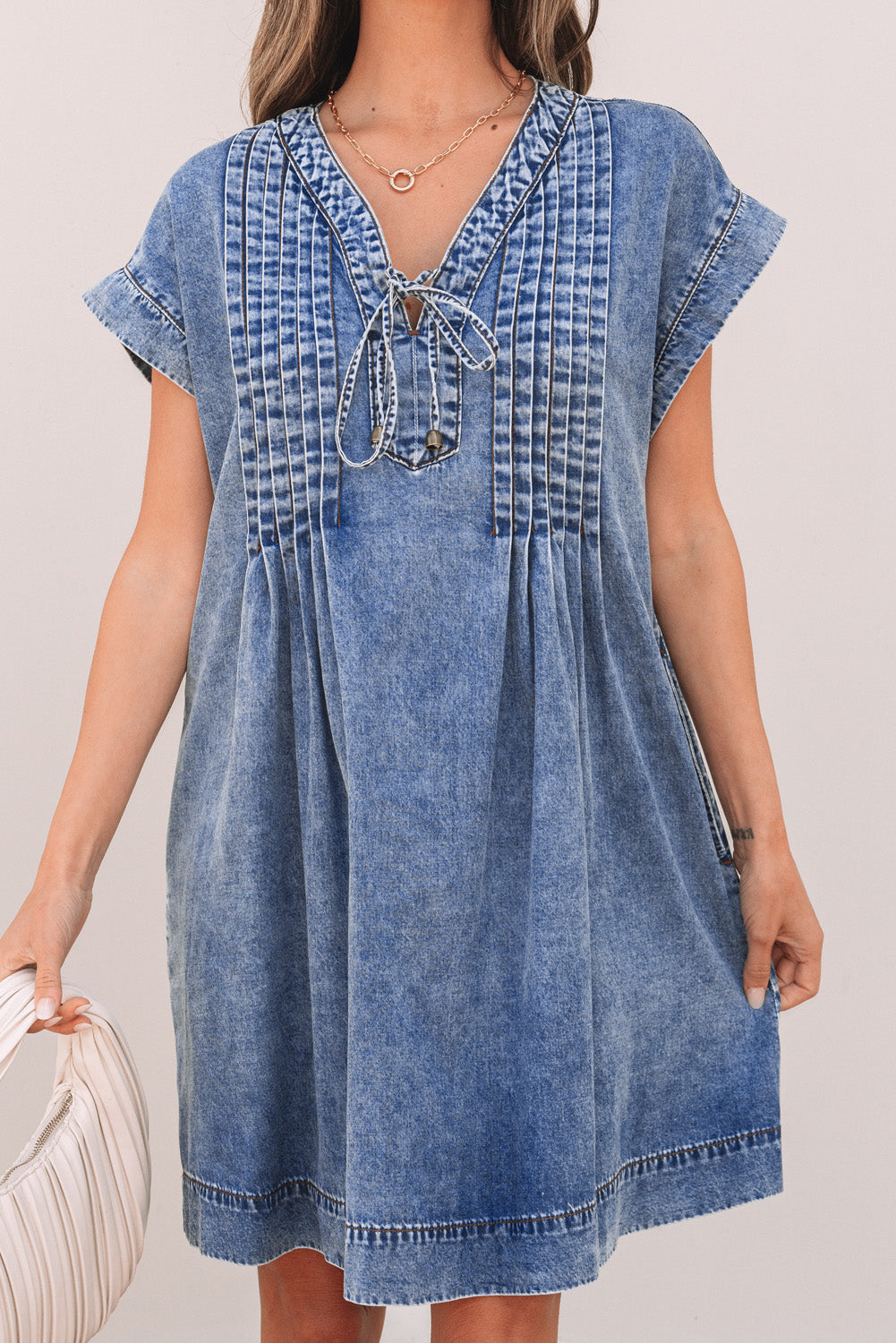 Beau Blue Tie V Neck Tucking Detail Short Sleeve Denim Shift Dress