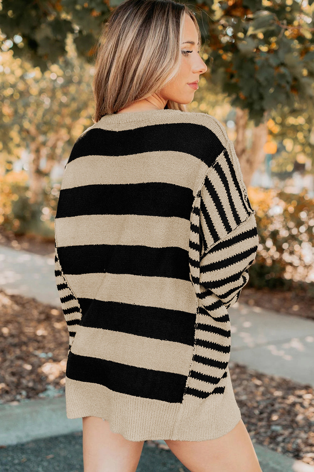Brown Stripe Drop Shoulder Sleeve Patchwork Baggy Sweater