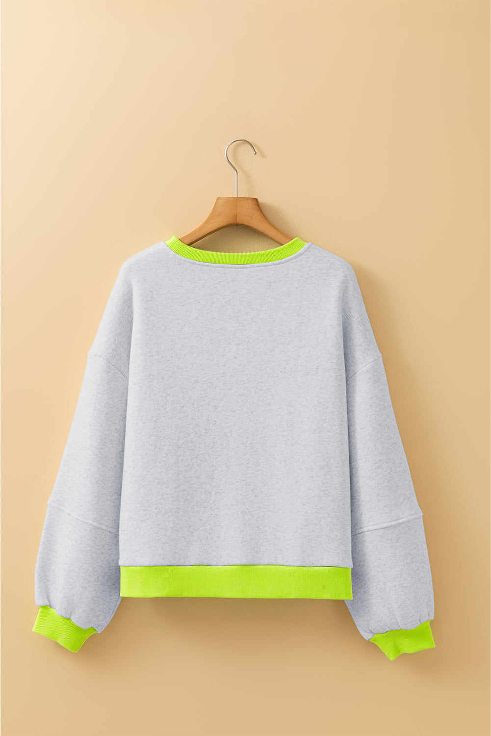 Light Grey Contrast Color Banding Patchwork Puff Sleeve Loose Sweatshirt