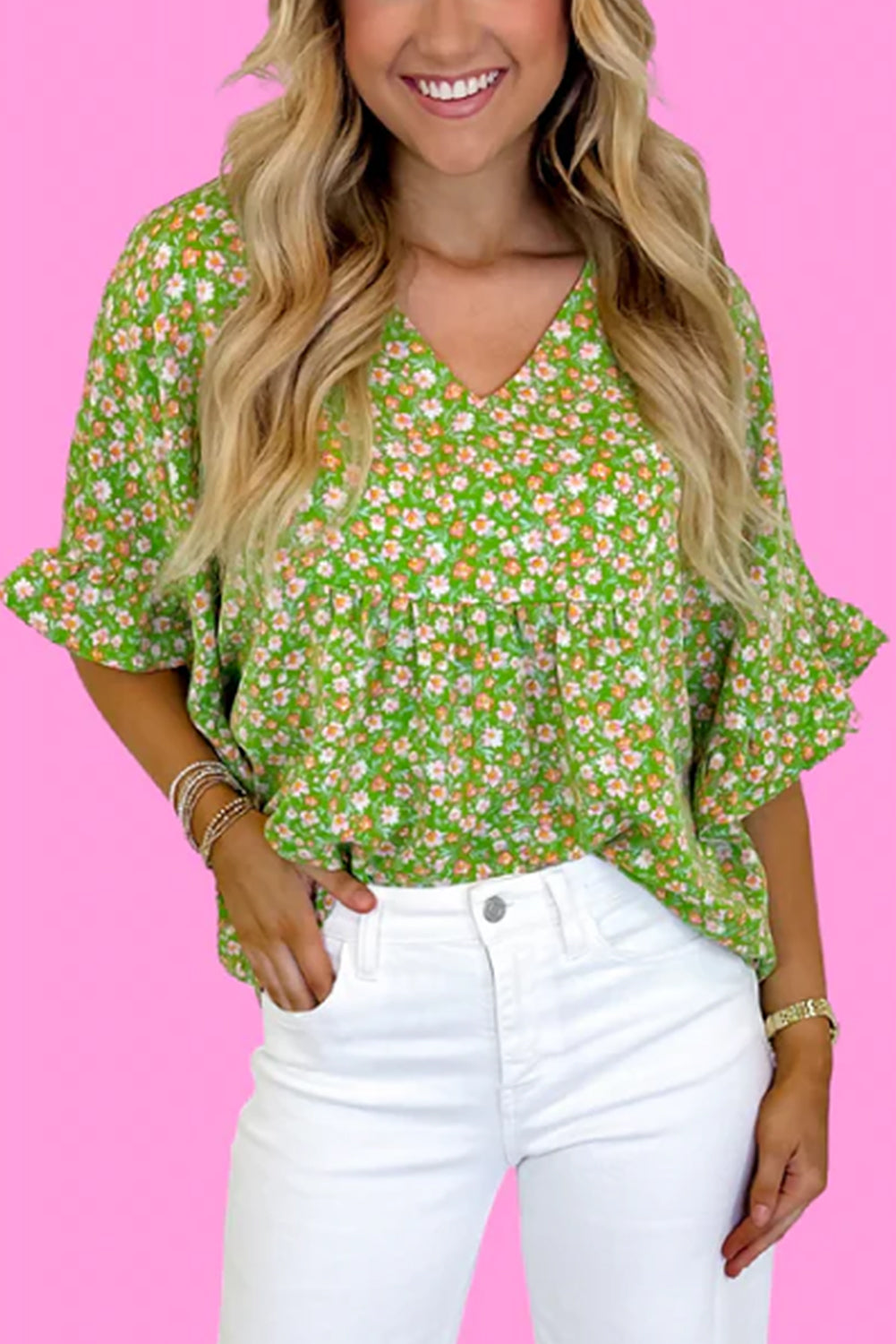 Green Floral Print Ruffle Sleeve V Neck Blouse Top