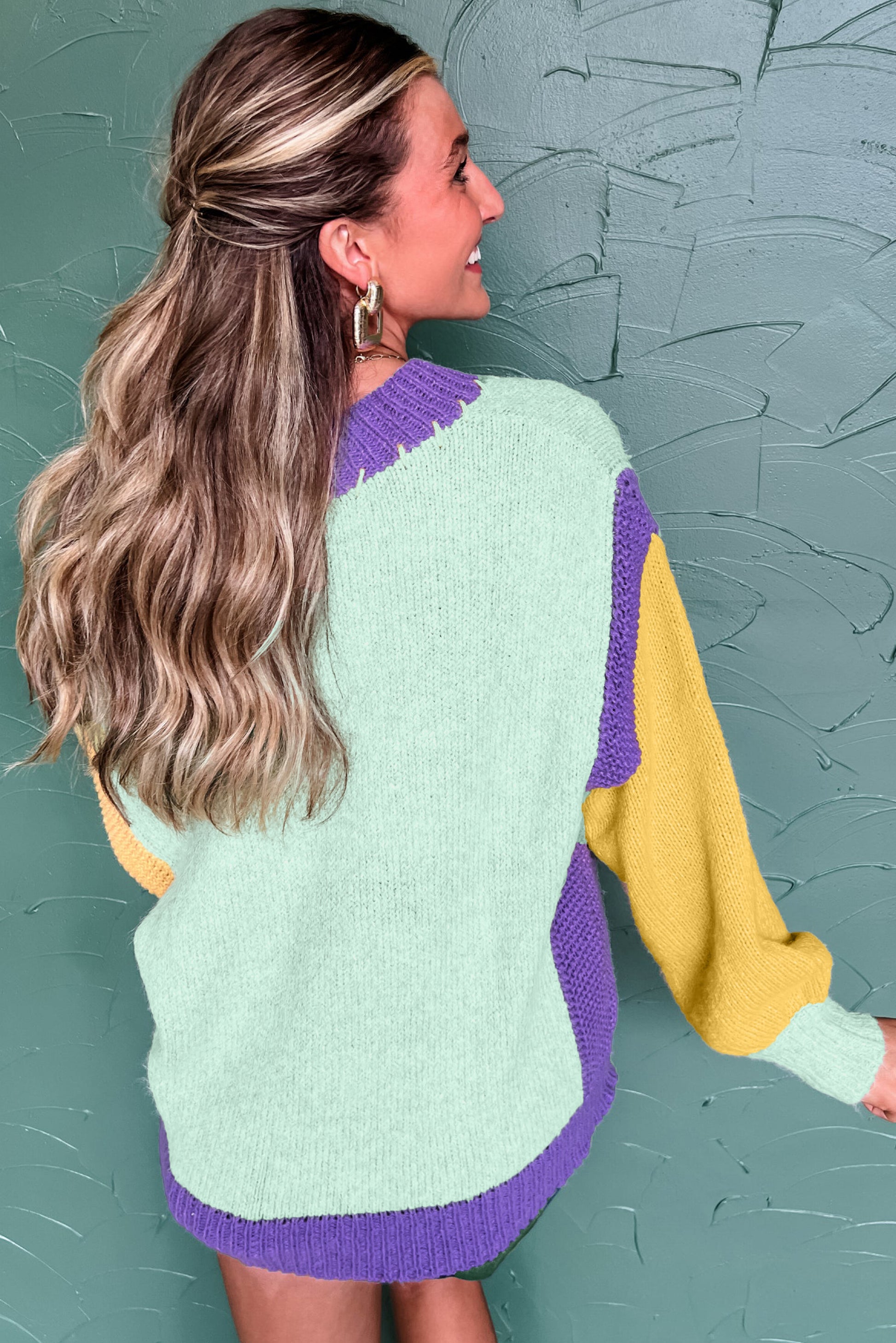 Green Stitched V Neck Color Block Knitted Drop Shoulder Sweater