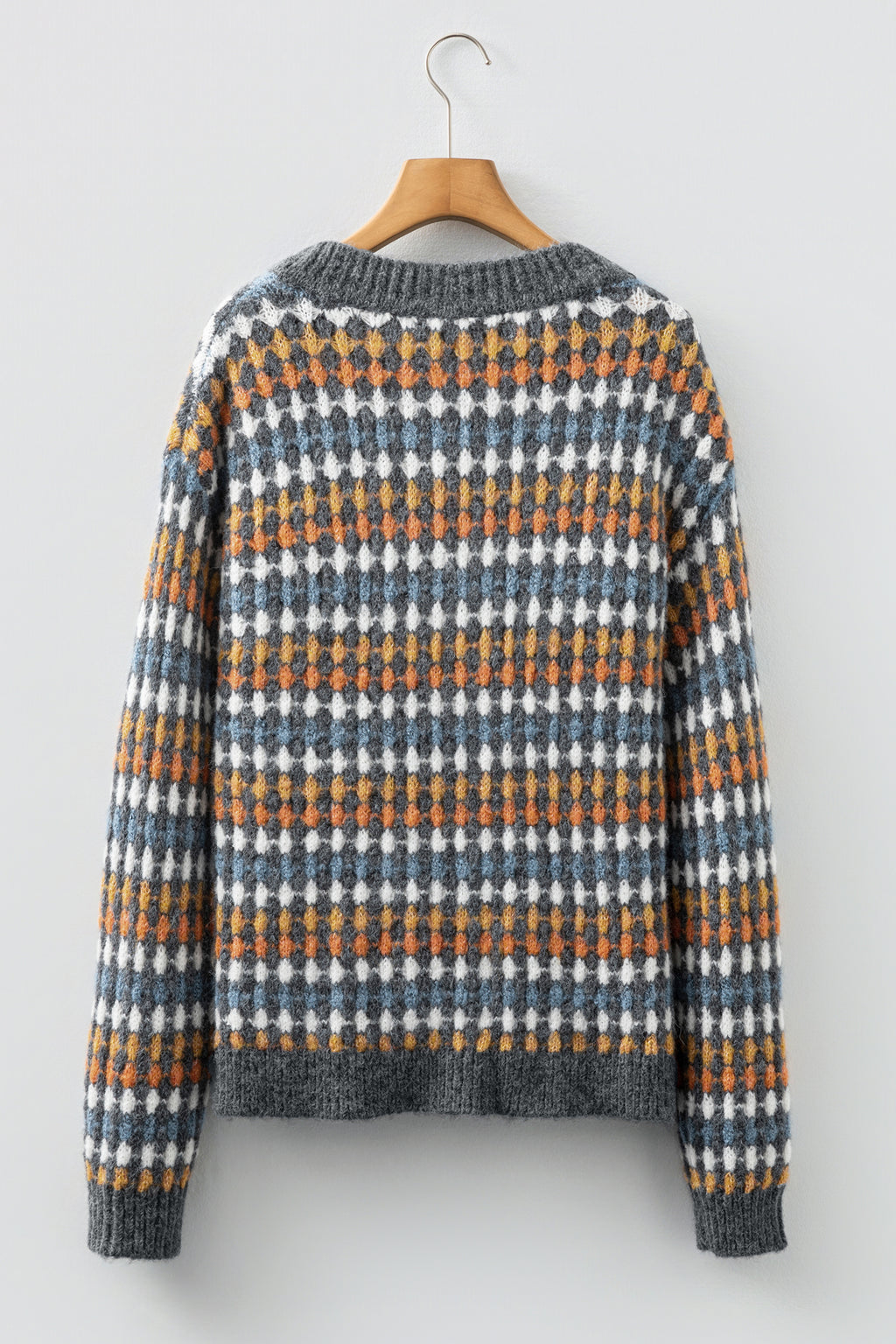 Gray Dotty Pattern Knit Button Front V Neck Sweater Cardigan