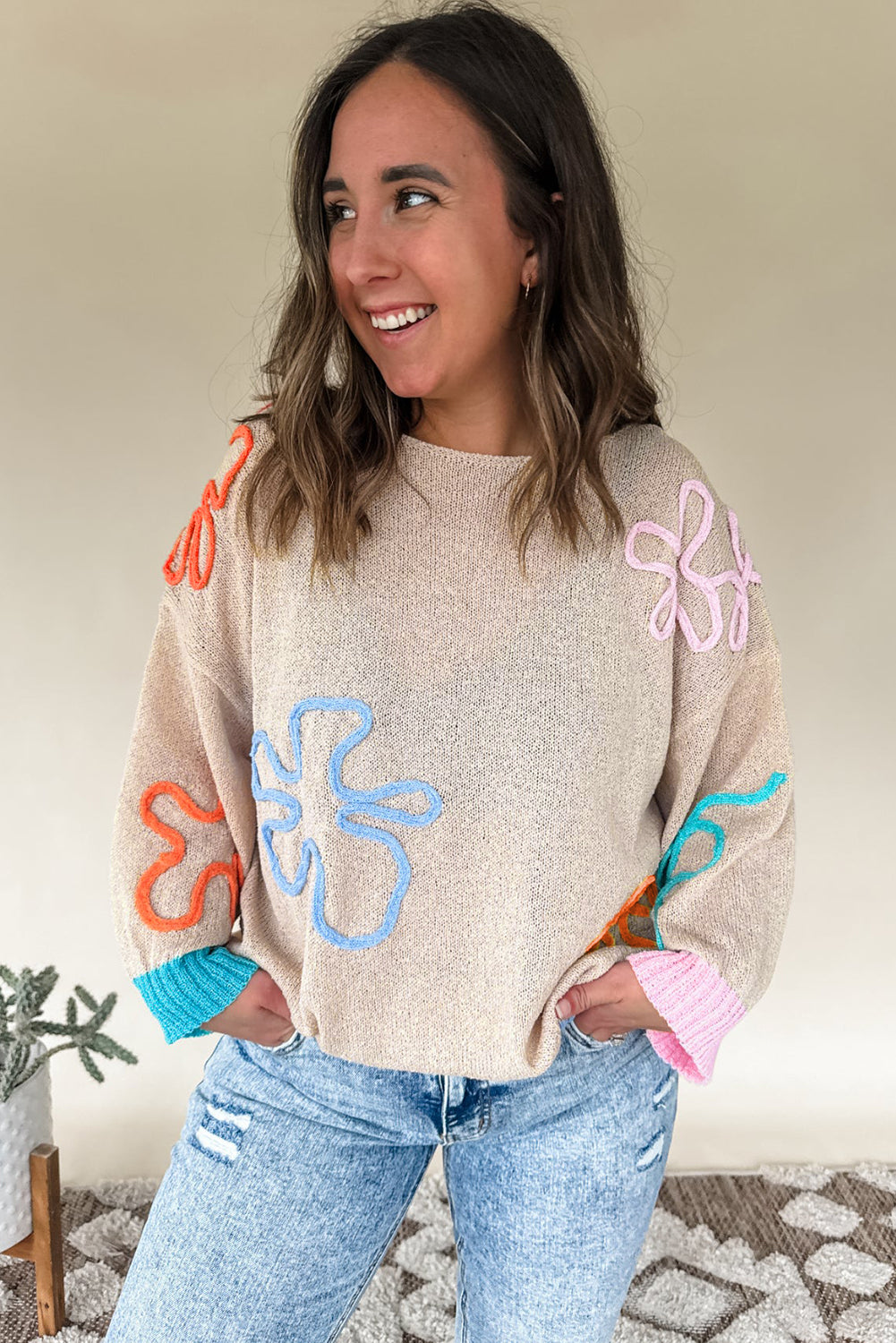 Jet Stream Contrast Flower Detail Colorblock Cuffed Loose Sweater