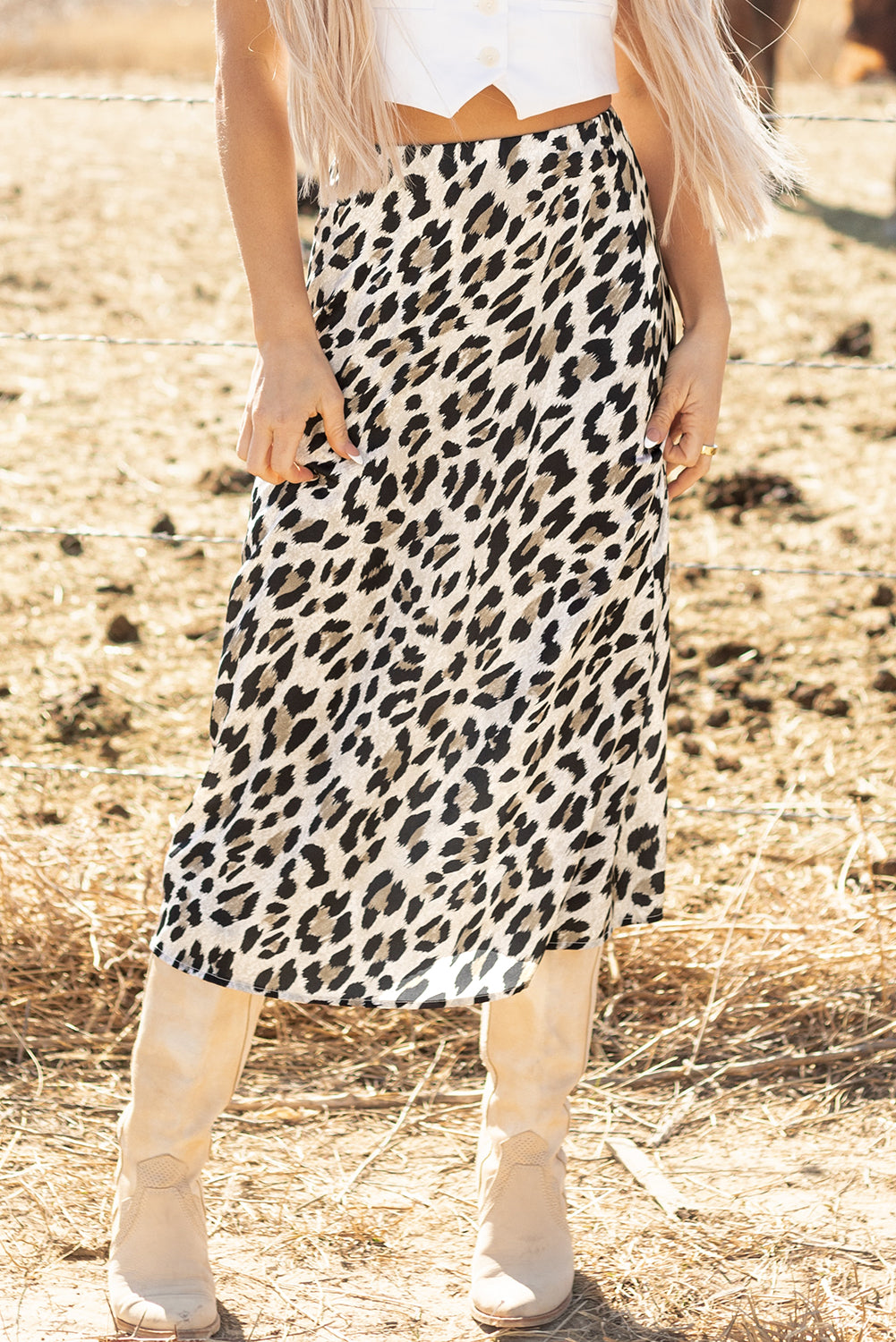 Brown Leopard Print High Waist Midi Skirt