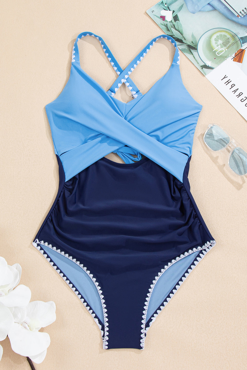 Black Ric Rac Trim Contrasted Patchwork Cutout One Piece Swimsuit