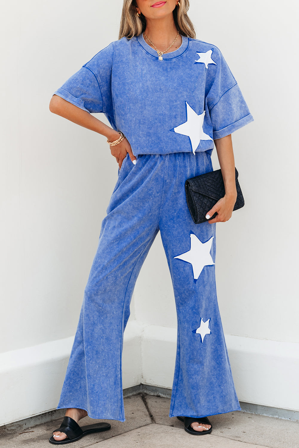 Light Pink Acid Wash Star Patched Rolled Trim Pants Set