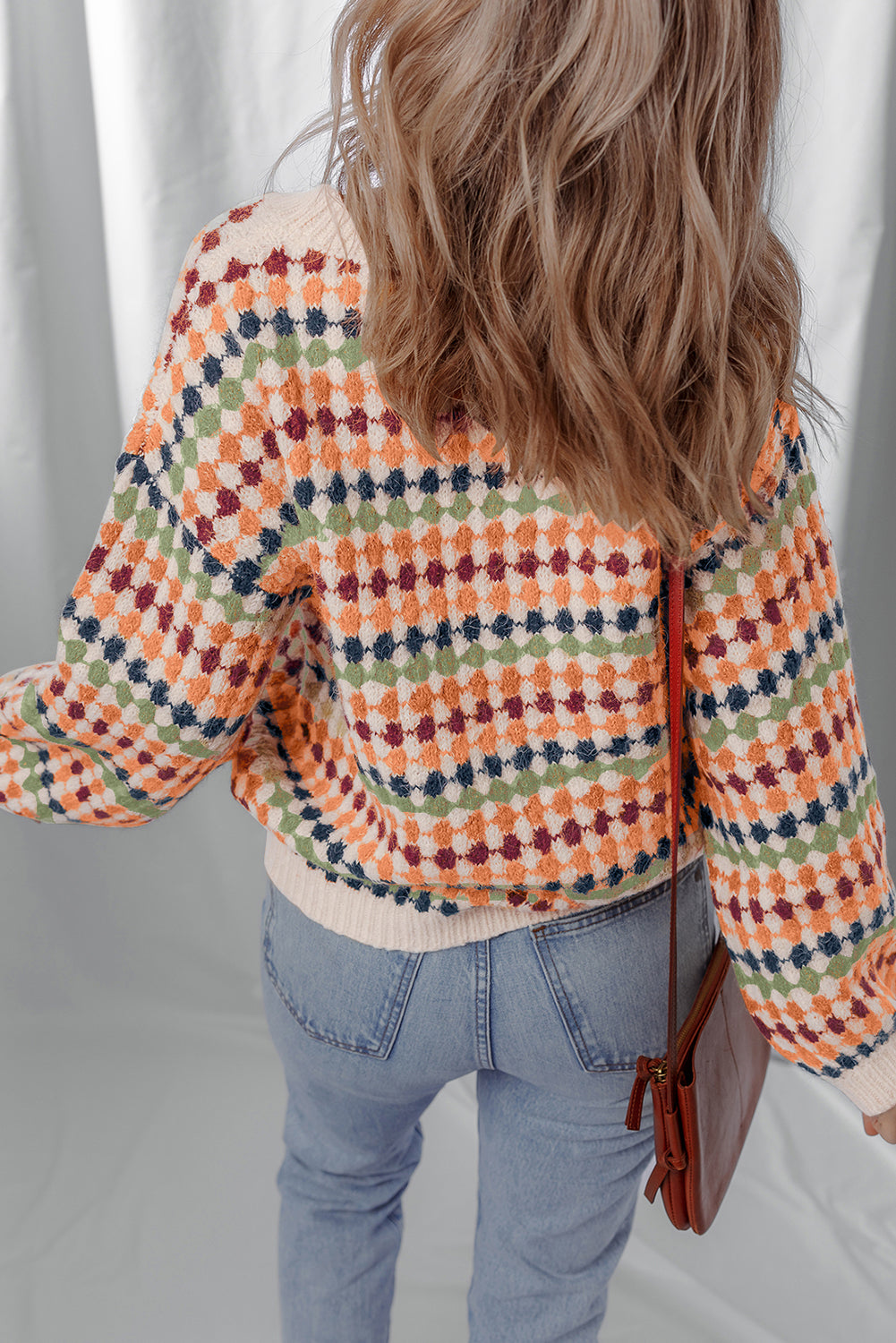 Multicolour Dotty Striped Pattern Knit Drop Shoulder Sweater