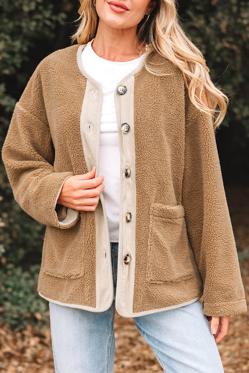 Light French Beige Puffy Plush Corduroy Edge Patchwork Jacket with Big Pockets