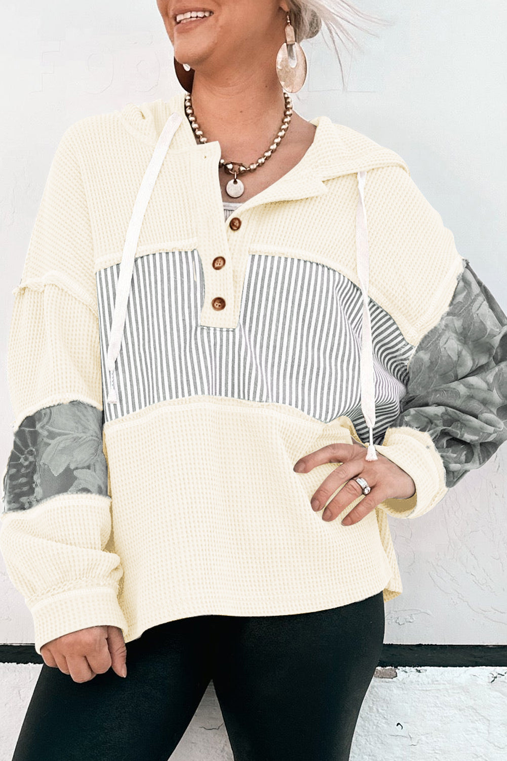 Cinnamon Waffle Printed Patchwork Drawstring Hooded Long Sleeve Top