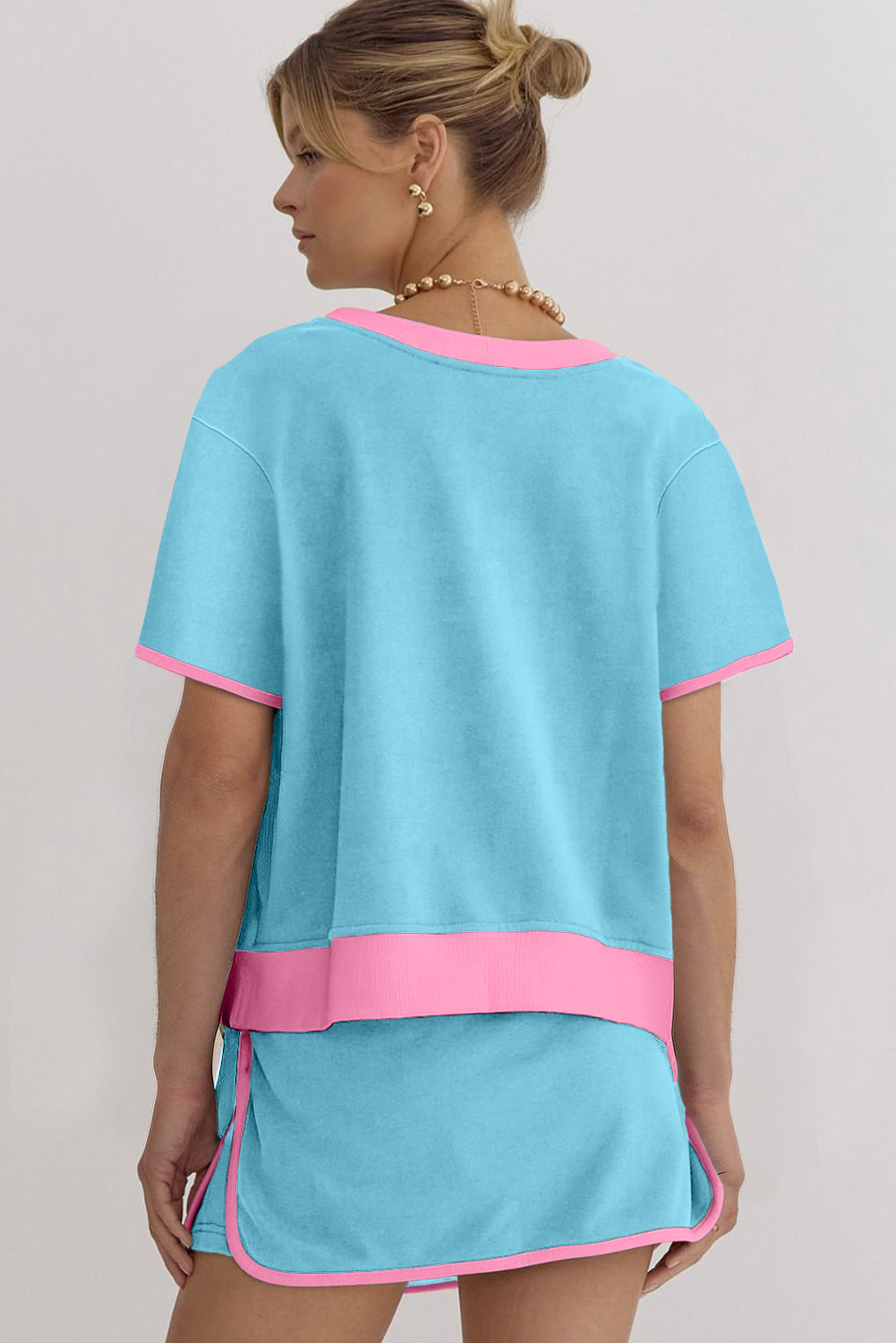Evergreen Colorblock Edge Drop Shoulder T Shirt and Skirt 2Pcs Set