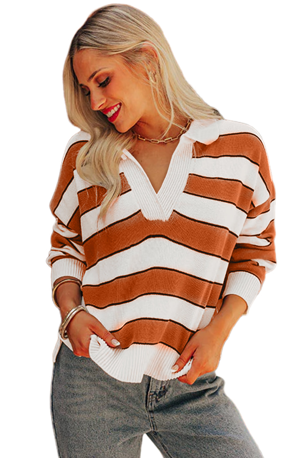 Brown Stripe Ribbed Polo Collar Drop Shoulder Sweater