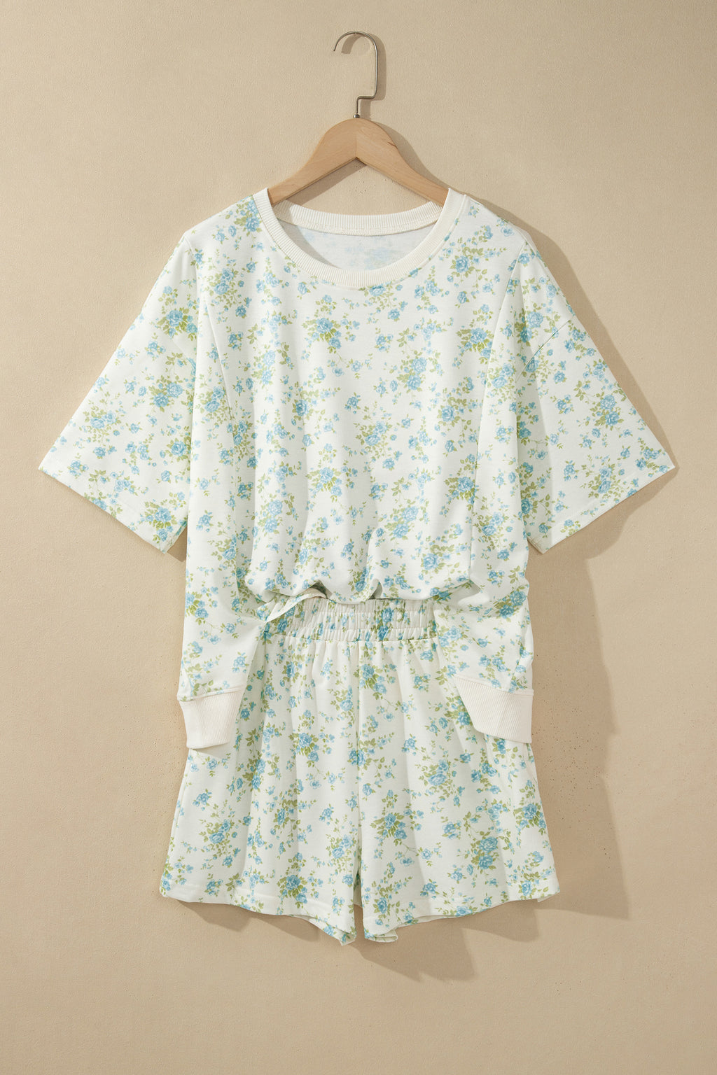 Pink Floral Print Short Sleeve Elastic Waist Pocket Two Piece Set