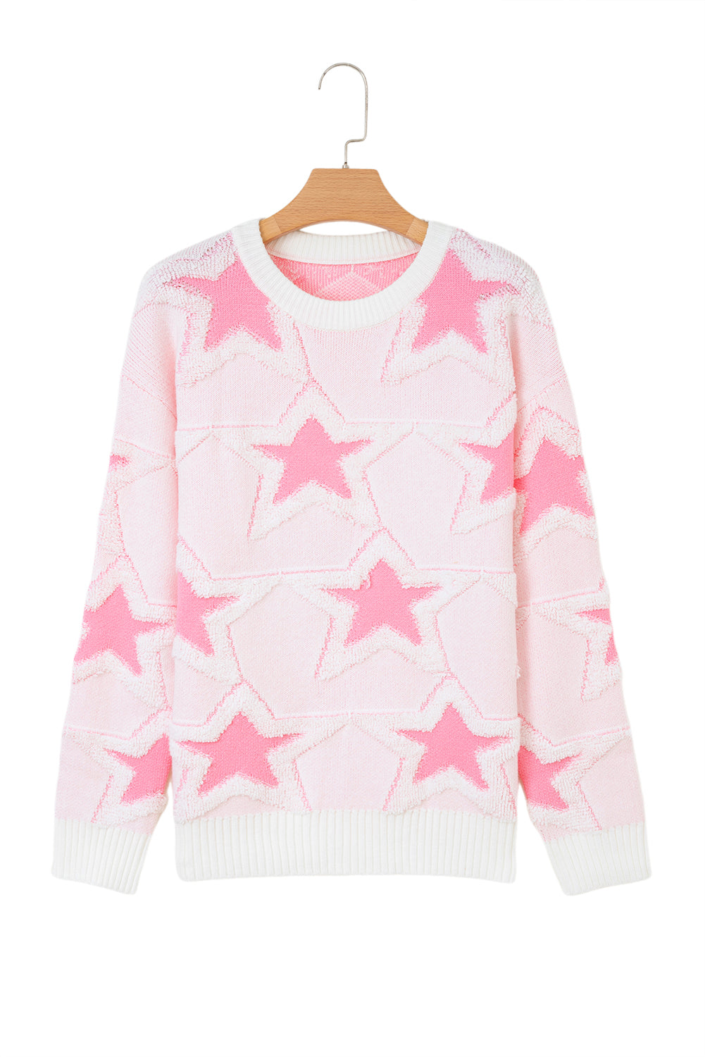 Sachet Pink Oversized Cute Star Pattern Ribbed Edge Drop Shoulder Sweater