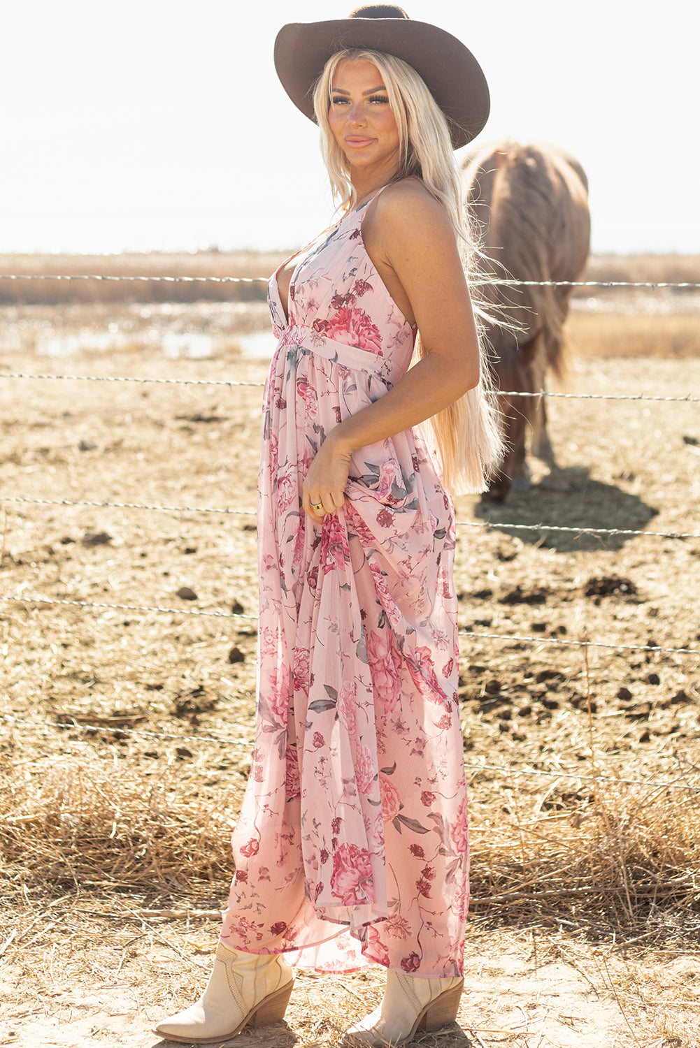 Pink Floral Pleated Bust Deep V Empire Waist Backless Maxi Dress